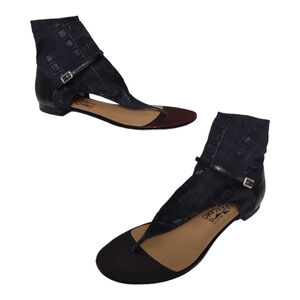 SALVATORE FERRAGAMO Black Flat Sandals Sz 9 Elastic Ankle Sock Flats Animal Skin